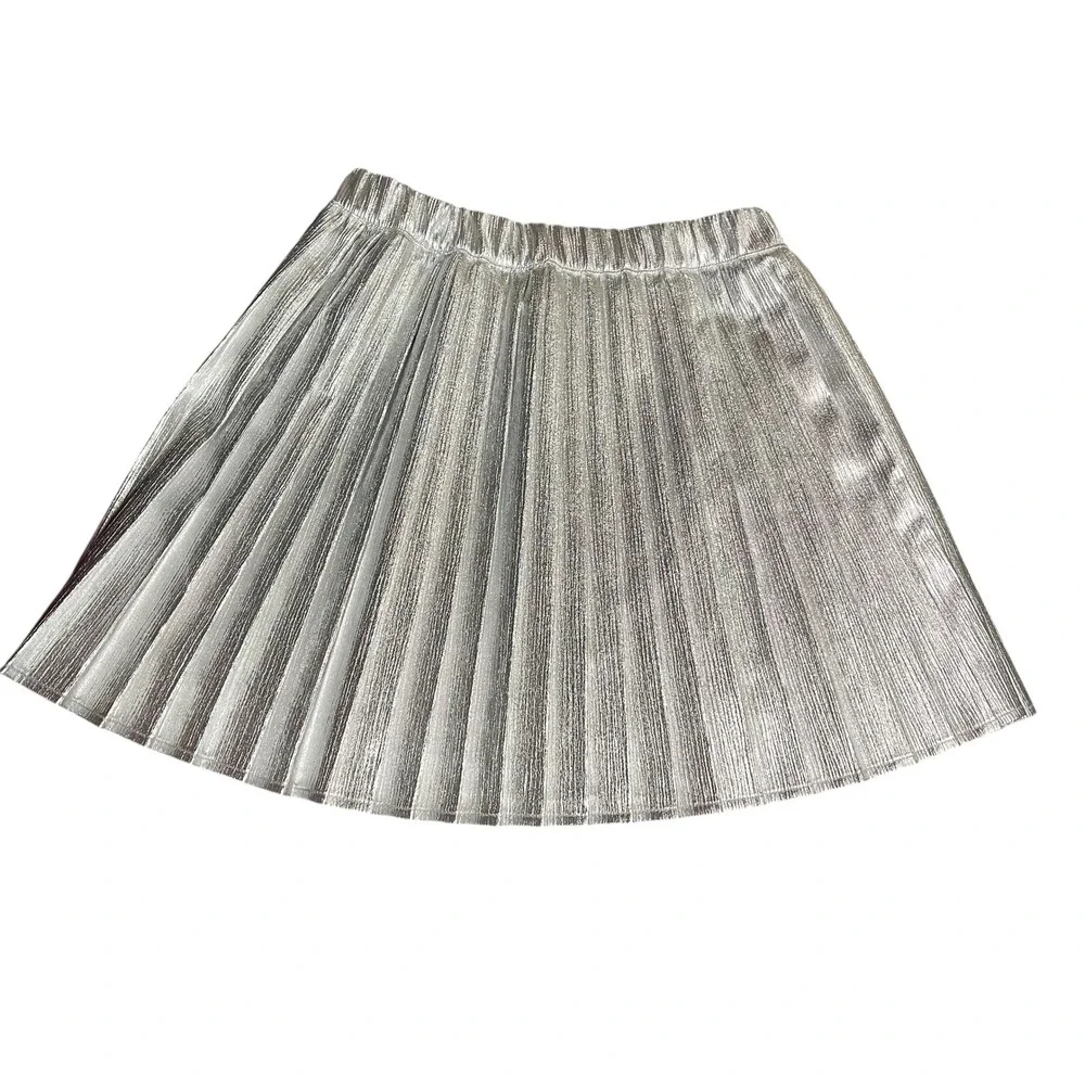 Owillo‎ Kids Girls Silver Metallic Pleated Skirt Elastic Waist Size M